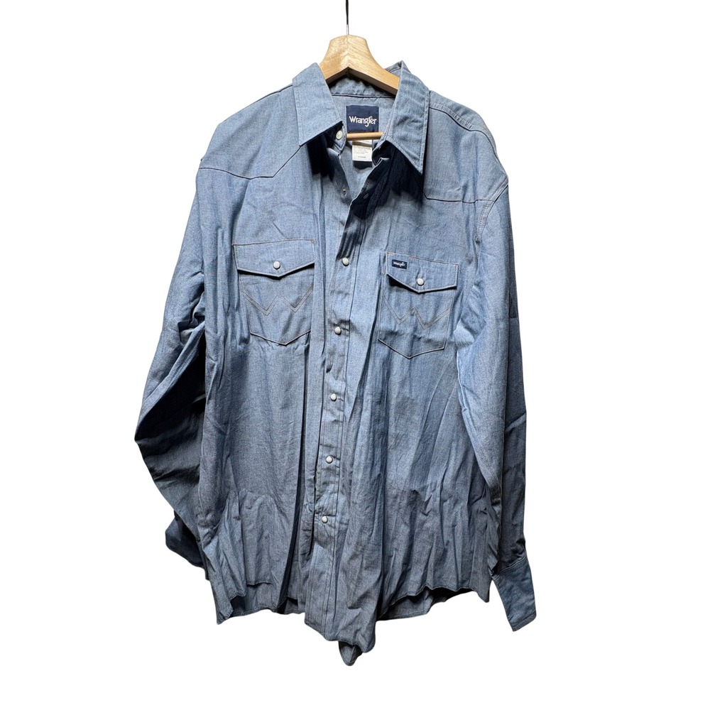 Wrangler MS709CH Western Shirt Mens Blue Chambray Cotton Snap Front Workwear